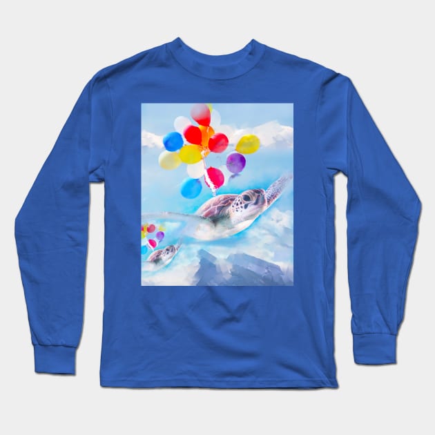 Cute Turtle Flying With Balloons Long Sleeve T-Shirt by Random Galaxy